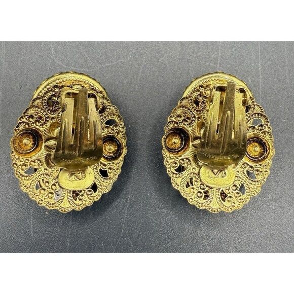 West Germany Vintage Faux Turquoise Pearl Filigree Gold Tone Clip On Earrings - Picture 4 of 5